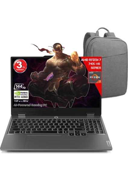 Loq 15ARP9 Aı Amd Ryzen 7-7435HS 32 GB Ram Ddr5 512 GB SSD SSD RTX4060 8gddr6 15.6 IPS 144Hz Fhd Freedos 83JC00FJTR-32512C Dizüstü Bilgisayar (Yapay Zeka Destekli)+ Çanta