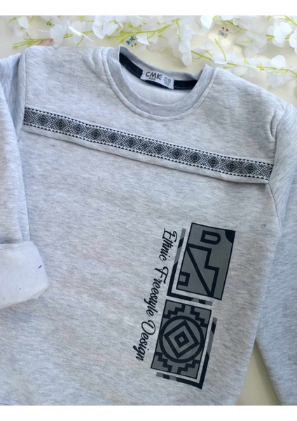 Kalın Gri Erkak Çocuk Şardonlu Sweatshirt Tek Üst