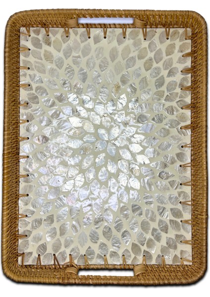 White Design Sedef Kaplama Rattan Dikdörtgen Tepsi