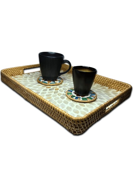 White Design Sedef Kaplama Rattan Dikdörtgen Tepsi