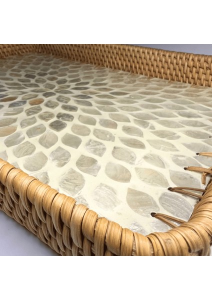 White Design Sedef Kaplama Rattan Dikdörtgen Tepsi