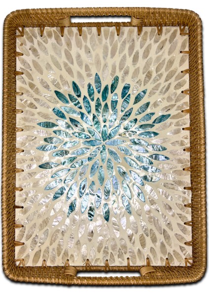 Green & White Design Sedef Kaplama Rattan Dikdörtgen Tepsi