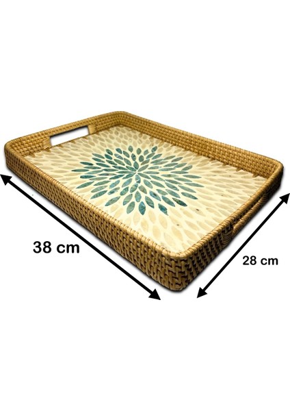 Green & White Design Sedef Kaplama Rattan Dikdörtgen Tepsi