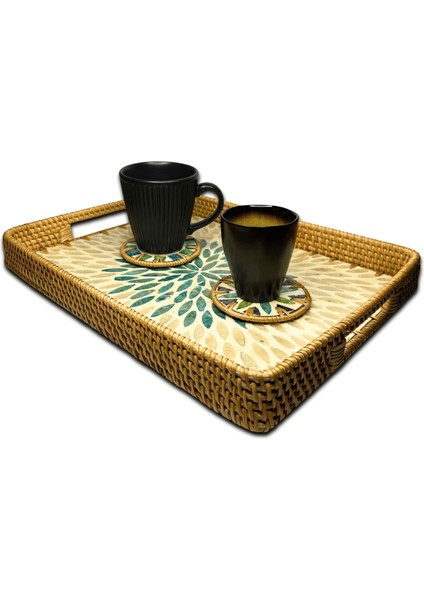 Green & White Design Sedef Kaplama Rattan Dikdörtgen Tepsi