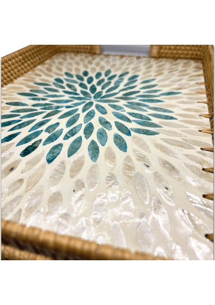 Green & White Design Sedef Kaplama Rattan Dikdörtgen Tepsi