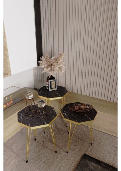 3'lü Sekizgen Zigon Sehpa ve Dikdörtgen Orta Sehpa Takımı Modern Gold Metal Ayaklı Salon Sehpa Seti modelleri