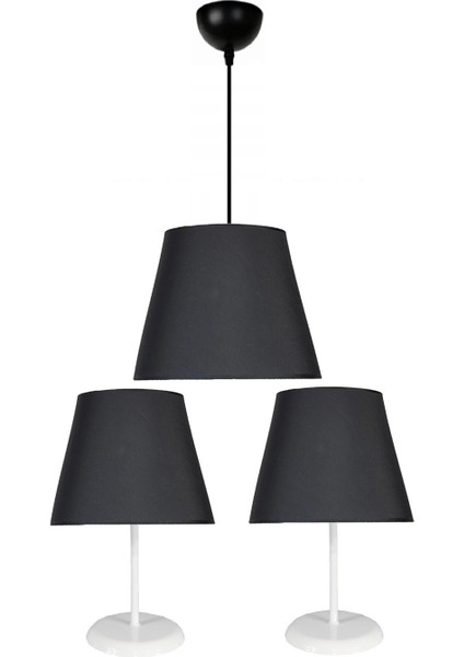 Konik 20 x 25 Siyah 3.lü Set Kumaş Kaplama Yatak Odası Genç ve Çocuk Odası Avize ve Abajur Seti