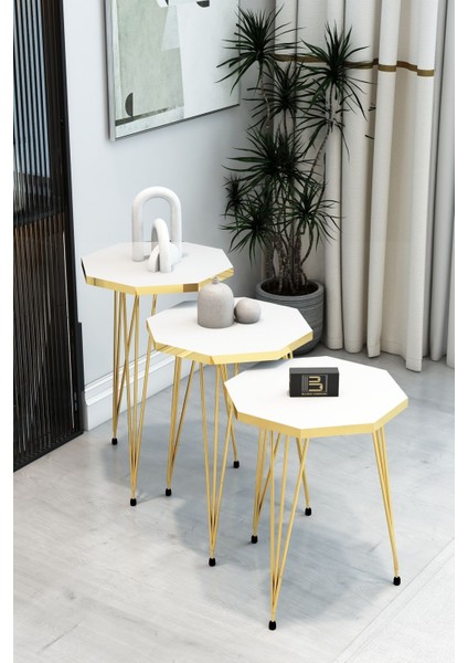 3'lü Sekizgen Zigon Sehpa ve Dikdörtgen Orta Sehpa Takımı Modern Gold Metal Ayaklı Salon Sehpa Seti