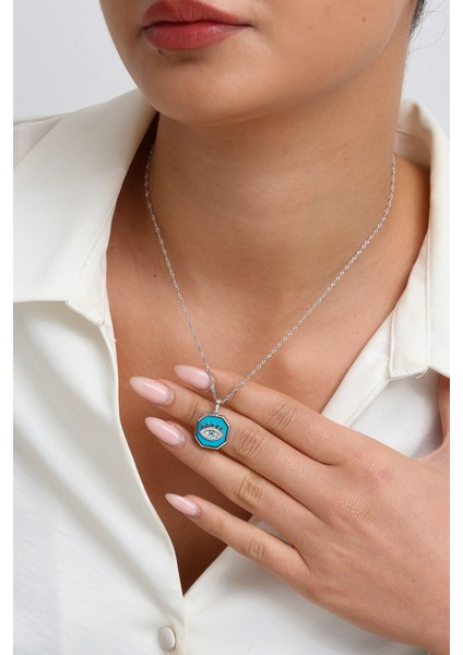 Kadın 925 Ayar Gümüş Zirkon Taşlı Lazer Mineli Nazar Kolye