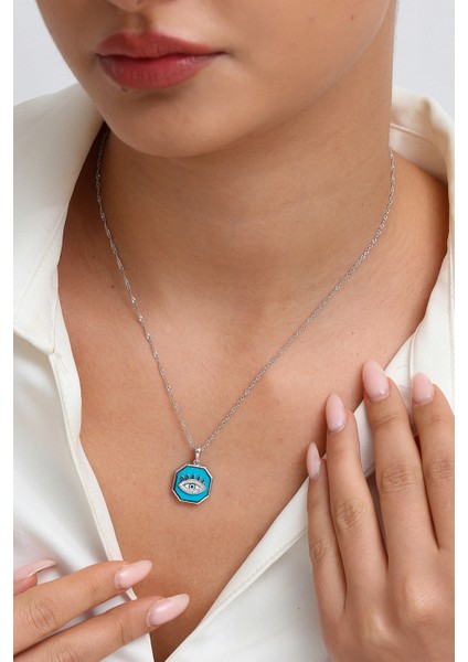 Kadın 925 Ayar Gümüş Zirkon Taşlı Lazer Mineli Nazar Kolye fiyatları