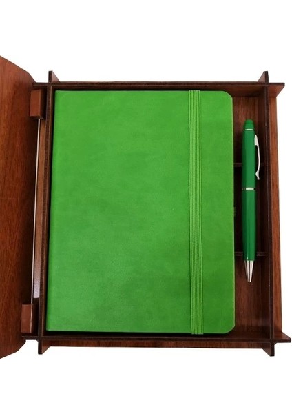 Dekoratif Yeşil Deri Kaplama Defter Ahşap Kutulu Hediyelik Vip Set