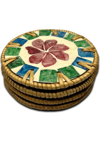 4'lü Red Flower Design Sedef Kaplama Rattan Bardak Altlığı