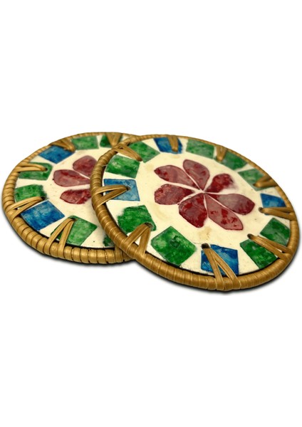 4'lü Red Flower Design Sedef Kaplama Rattan Bardak Altlığı