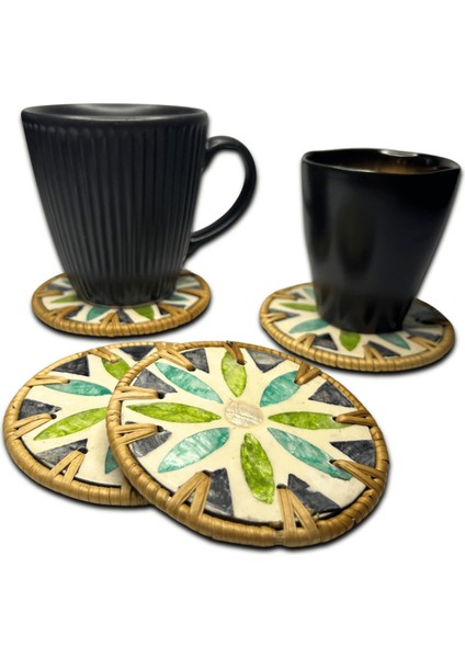4'lü Blue & Green Design Sedef Kaplama Rattan Bardak Altlığı