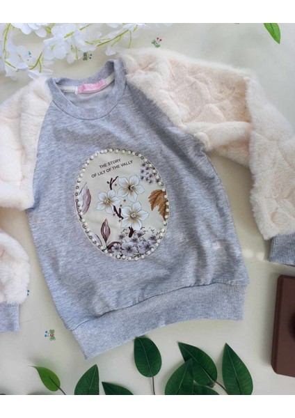 M.ç Family Store Peluş Kollu Iki Iplik Şardonlu Taşlı Kız Çocuk Sweatshırt 5 - 6- 7-8- 9 -10 -11-12