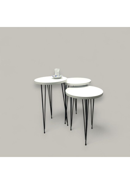 Zigon Sehpa 3'lü Yuvarlak Model Metal Tel Ayak (Beyaz) 30 Çap