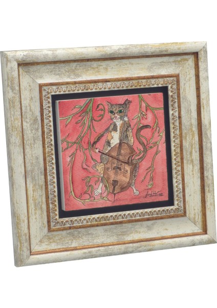 Çello Çalan Kedi Baskılı Taş Tablo 20X20