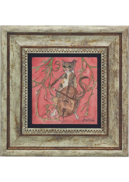 Çello Çalan Kedi Baskılı Taş Tablo 20X20