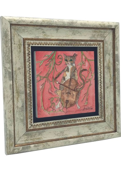 Çello Çalan Kedi Baskılı Taş Tablo 20X20