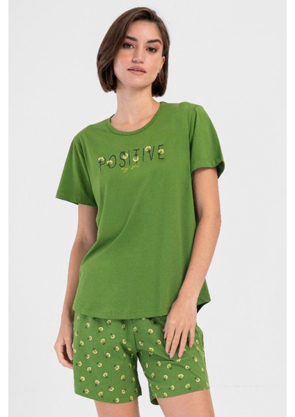 Kadın Pamuklu Büyük Beden Yeşil Kısa Kol Şort Pijama Takımı