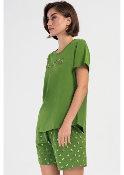 Kadın Pamuklu Büyük Beden Yeşil Kısa Kol Şort Pijama Takımı