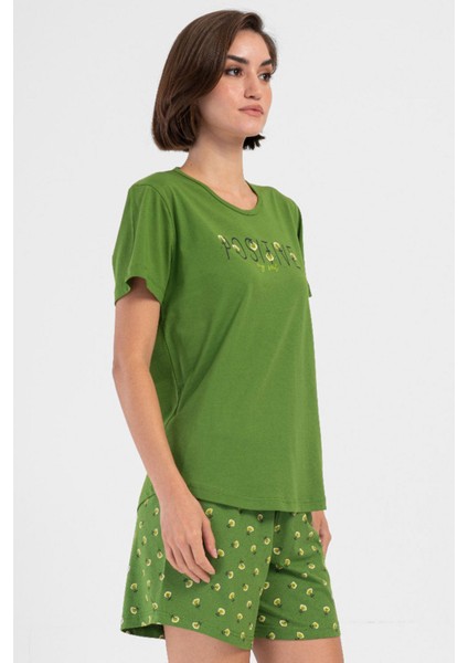 Kadın Pamuklu Büyük Beden Yeşil Kısa Kol Şort Pijama Takımı