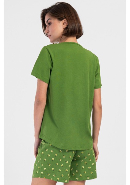 Kadın Pamuklu Büyük Beden Yeşil Kısa Kol Şort Pijama Takımı