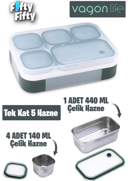 Lunch Box 1000 ml (Sızdırmaz,karışmaz 5 Hazneli) Lunchbox Yeni Nesil Sefer Tası -FFLBOX40097