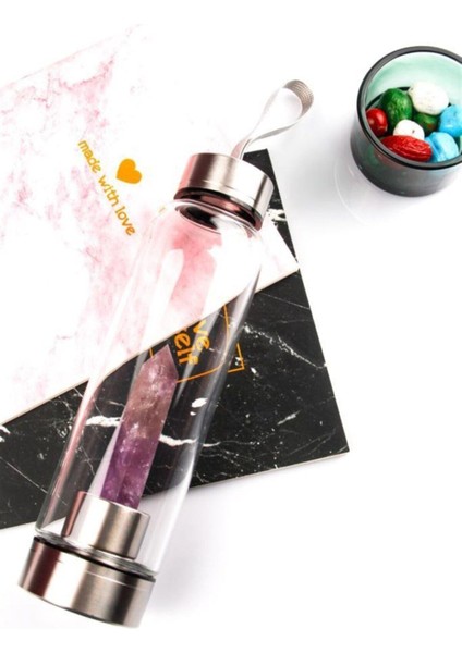 Pembe Kuvars Taşlı 550ml Sağlıklı ve Şık Su Şişesi, Beyaz