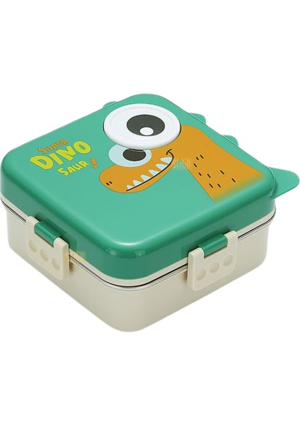 Bento 1120ML Lunchbox Dinozor Desenli Tek Katlı 3 Bölmeli Paslanmaz Çelik Sefer Tası Yemek Kutusu