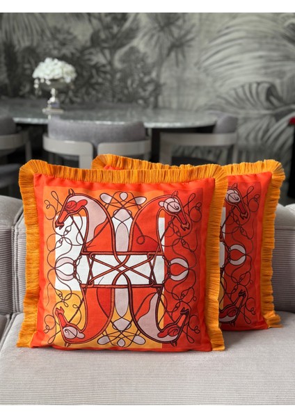 Çift Taraflı Atlı Dekoratif Saçaklı Kırlent Kılıfı 1ADET 43 x 43(SK-K03)