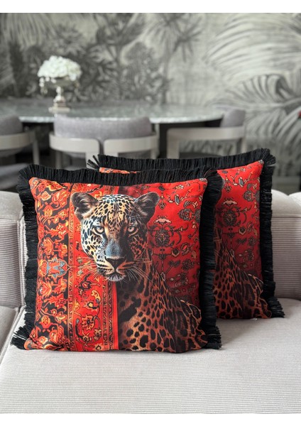 Çift Taraflı Leopar Dekoratif Saçaklı Kırlent Kılıfı 1ADET 43 x 43(SK-K08)
