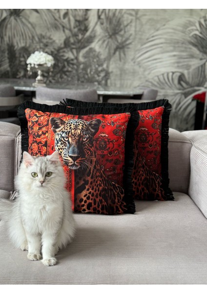 Çift Taraflı Leopar Dekoratif Saçaklı Kırlent Kılıfı 1ADET 43 x 43(SK-K08)