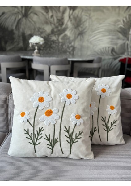 Papatya Punch Işlemeli Kırlent Kılıfı 1 Adet 43 x 43 cm (PNC-107)