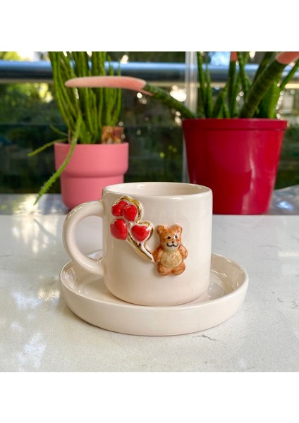 El Yapımı Seramik Gerçek 24K Altın Dekorlu Balonlu Ayıcık Türk Kahvesi Fincanı