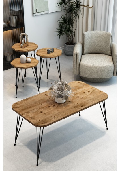 3'lü Sekizgen Zigon Sehpa ve Dikdörtgen Orta Sehpa Takımı Modern Siyah Metal Ayaklı Salon Sehpa Seti