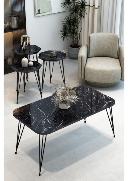 3'lü Sekizgen Zigon Sehpa ve Dikdörtgen Orta Sehpa Takımı Modern Siyah Metal Ayaklı Salon Sehpa Seti