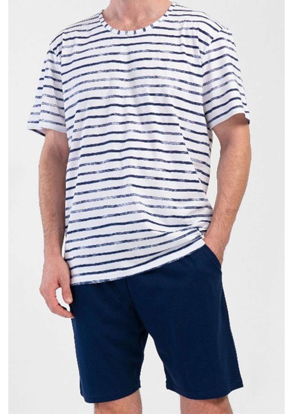 Erkek Pamuklu Indigo Kısa Kol Şort Pijama Takımı