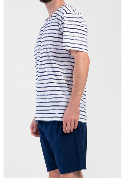 Erkek Pamuklu Indigo Kısa Kol Şort Pijama Takımı