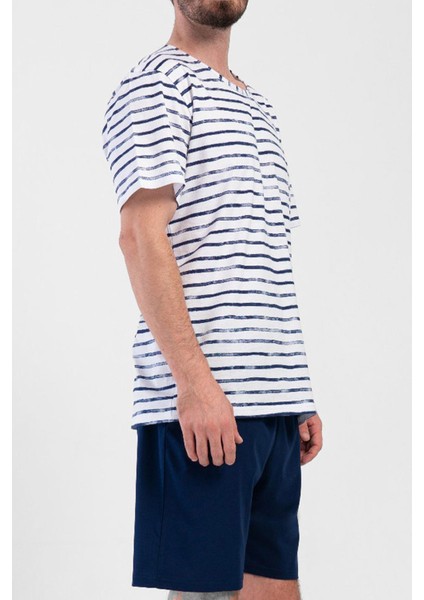 Erkek Pamuklu Indigo Kısa Kol Şort Pijama Takımı