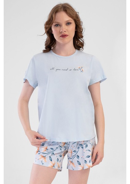 Kadın Pamuklu Büyük Beden Mavi Kısa Kol Şort Pijama Takımı