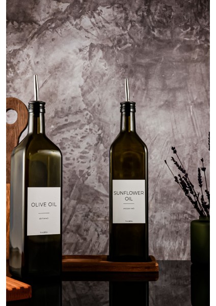 1litre Ahşap Stantlı Yağ Yeşili White Serisi Zeytinyağı Şişesi Ayçiçek Yağı Şişesi Set