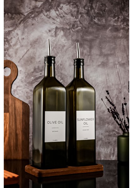 1litre Ahşap Stantlı Yağ Yeşili White Serisi Zeytinyağı Şişesi Ayçiçek Yağı Şişesi Set