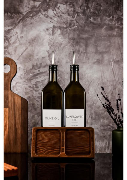 1litre Ahşap Stantlı Yağ Yeşili White Serisi Zeytinyağı Şişesi Ayçiçek Yağı Şişesi Set