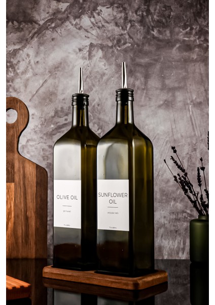 1litre Ahşap Stantlı Yağ Yeşili White Serisi Zeytinyağı Şişesi Ayçiçek Yağı Şişesi Set