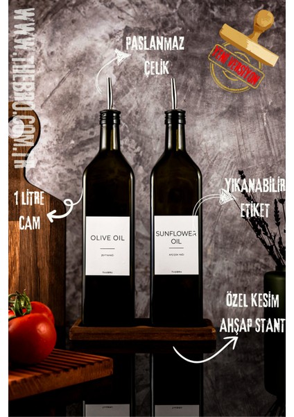 1litre Ahşap Stantlı Yağ Yeşili White Serisi Zeytinyağı Şişesi Ayçiçek Yağı Şişesi Set