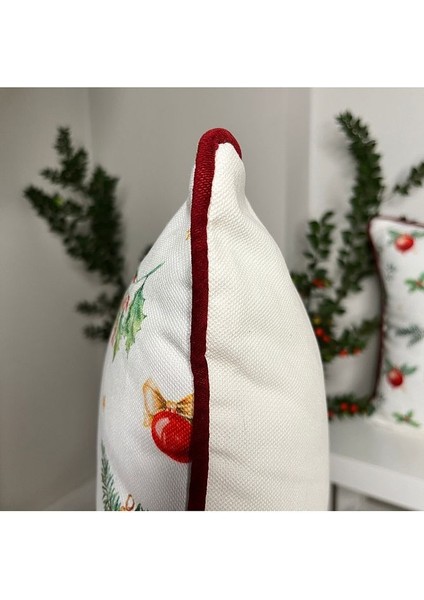 Merry Christmas Sloganlı Dekoratif Bel Yastığı Kılıfı Yılbaşı Desenli Bordo Fitilli modelleri