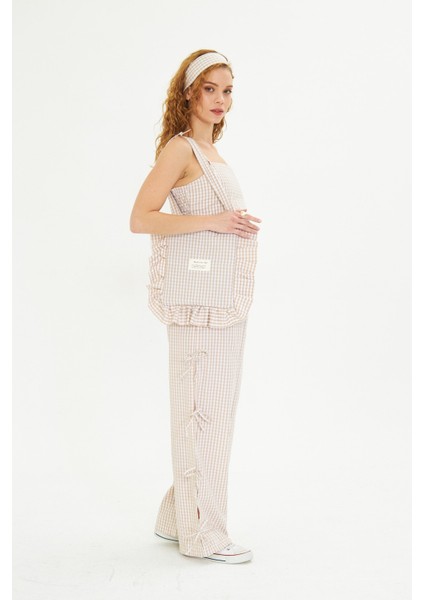 Kadın Kareli Kumaş Çanta Saç Bandı Crop ve Pantolon Alt Üst Takım Kombini modelleri