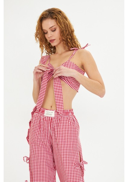Kadın Kareli Kumaş Çanta Saç Bandı Crop ve Pantolon Alt Üst Takım Kombini