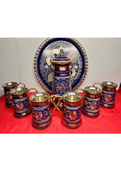 Bakır Sürahil 6lı Meşrubat Bardağı ve Tepsi